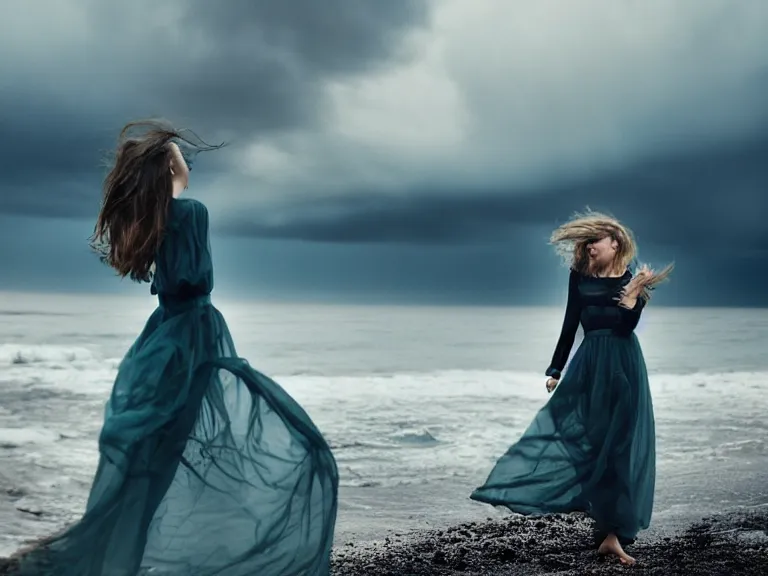 Image similar to cinestill 5 0 d photography of a woman britt marling 3 / 4 style of nicholas fols, 2 0 0 mm, dress in voile, hair like dark clouds floating on air, mute dramatic colours, soft blur outdoor stormy sea background, volumetric lighting, hyperdetailed, hyperrealistic