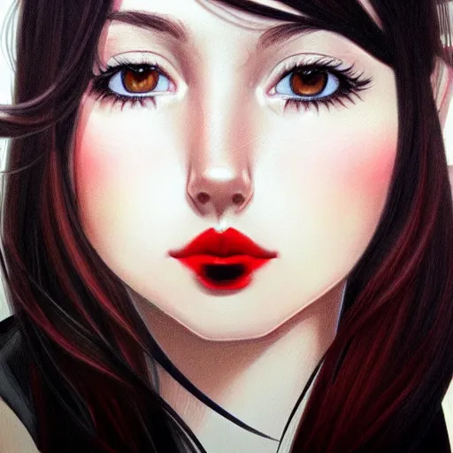 Prompt: a realistic illustration portrait of a beautiful cute girl with wavy black red hair, a pointy nose and, round chin black eyeliner, trending on artstation, intricate sift lighting, realistic