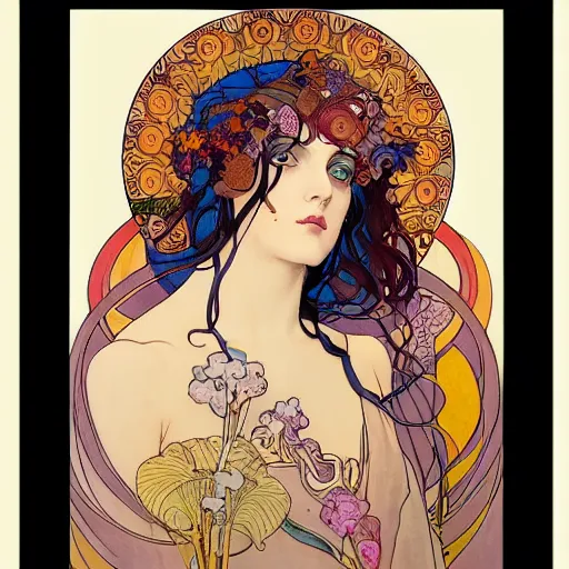 Image similar to The Goddess of Creation, beautiful eyes, symmetrical face, paint, ink, palettes, spectrum, in the style of Joshua Middleton, Mucha, Kandinsky