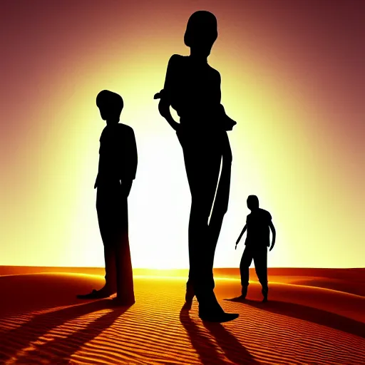 Prompt: silhouette people on a desert, digital art, artstation, golden hour