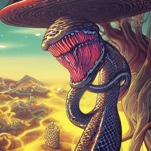 Image similar to A centered chest up portrait of a psychedelic demonic anthropomorphic snake smoking a hand-rolled cigarette smoking heavily , magic mushroom village in background , award winning. superb resolution. in the art style of junji Ito and greg rutkowski . Detailed Mushroom city in background. Hyper realistic anime. Perfect art. Dalle2