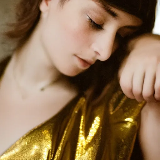 Image similar to a melanchonic photo of a beautiful young woman with a little bit of gold and marble