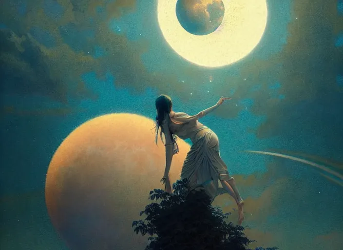 Image similar to the sky is crowded with sun pattern. a thousand identical moon in the sky, hyperrealism, no blur, ultra detailed, style of carlos schwabe, dariusz zawadzki, tom bagshaw, tom bagshaw, ismail inceoglu, robert mccall