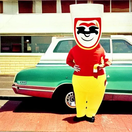 Image similar to The mascot for a once-popular fast food chain, 1970, colour photography