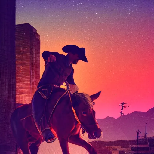 Image similar to cowboy slav squatting on top of his horse, synthwave poster, 8k