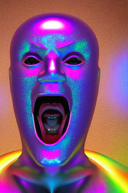 Image similar to 3d render of holographic angry human robotic screaming angry bust made of glossy iridescent, screaming, bust, surrealistic 3d illustration of a human non-binary, non binary model, 3d model human, cryengine, made of holographic texture, holographic material, holographic rainbow, concept of cyborg and artificial intelligence