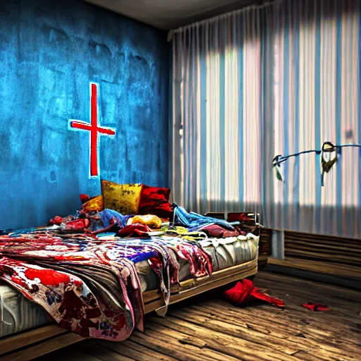 Prompt: male artist's messy, cluttered, dirty bedroom with blue and black floral painted walls and a big bold red christian cross on the wall. flowers painted on walls. realistic, highly detailed, sharp focus, volumetric lighting, full shot, 3 5 mm, unreal engine,