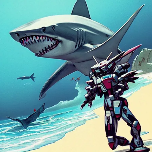 Prompt: shark faced gundam, amphibious combat mecha mobile suit stepping onto a beach holding a scifi weapon, over under shot by wayne barlowe, pascal blanche, victo ngai