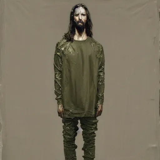 Image similar to a full body portrait of modern day jesus wearing olive green yeezy menswear collection by nicola samori, detailed, oil painting, smudges, hyper realistic, 8 k, yeezy collection