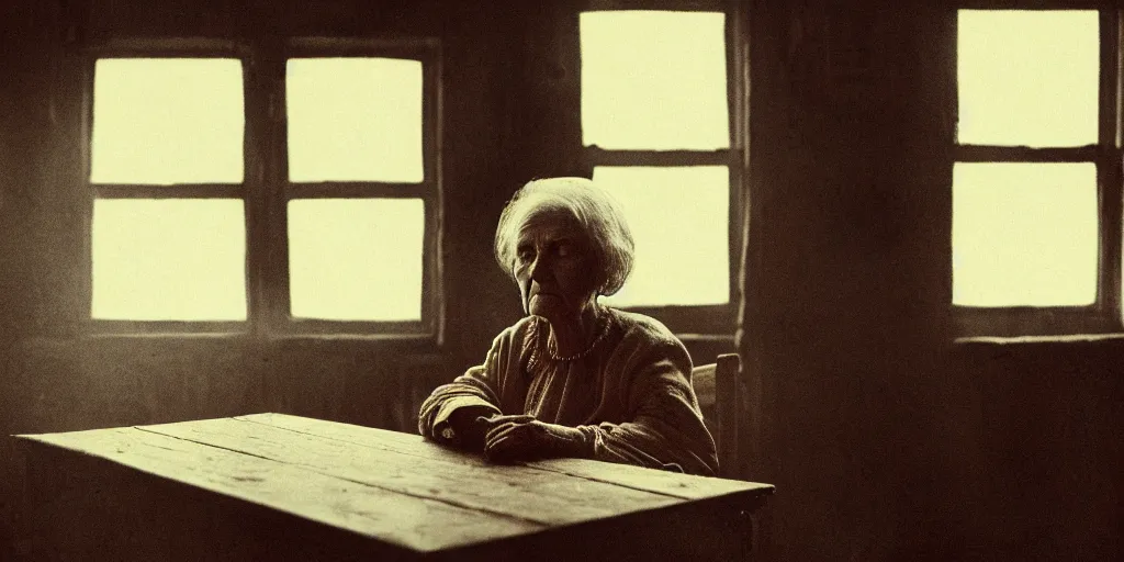 Image similar to portrait bust of old woman sitting at table, hands in pockets, looking outside, tired expression, faded color film, russian cinema, tarkovsky, technicolor, inside old cabin, next to window, heavy forest outside, long brown hair, old clothing, heavy fog, brown color palette, sunset, low light, hudson river school, 4 k, dramatic lighting