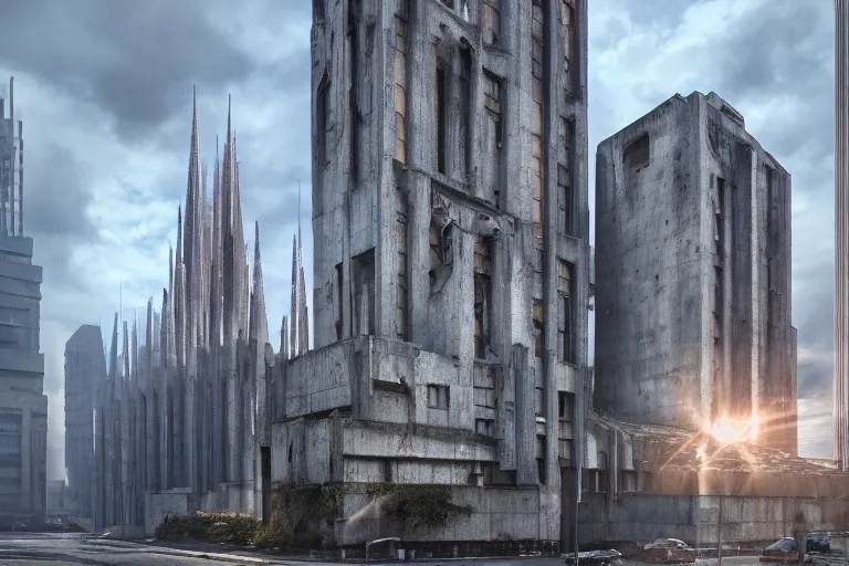 Image similar to streetscape, a towering cathedral of brutalist architecture, buildings covered with greebles, stunning volumetric light, sunset, metal, concrete and translucent material, stunning skies, majestic landscape, trending on Artstation, 8k, photorealistic, hyper detailed, unreal engine 5, IMAX quality, cinematic, epic lighting, in the style of Greg Rutkowski