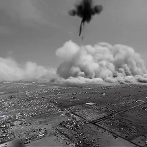 Image similar to combat drone strike war footage, ir, infrared camera, very high contrast, nuclear cloud, high angle vertical, dirty, grainy, noisy, bad drone camera, airwaves, static,