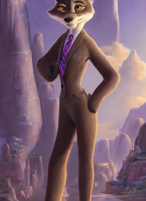 Image similar to oil painting of detailed full body of anthromorphic female wolf, in style of zootopia, zootopia, zootopia, fursona, furry, furaffinity, 4 k, deviantart, furry art, fursona art, wearing black business suit, business suit, in style of zootopia, wolf fursona, cyberpunk, female, expressive detailed feminine face,