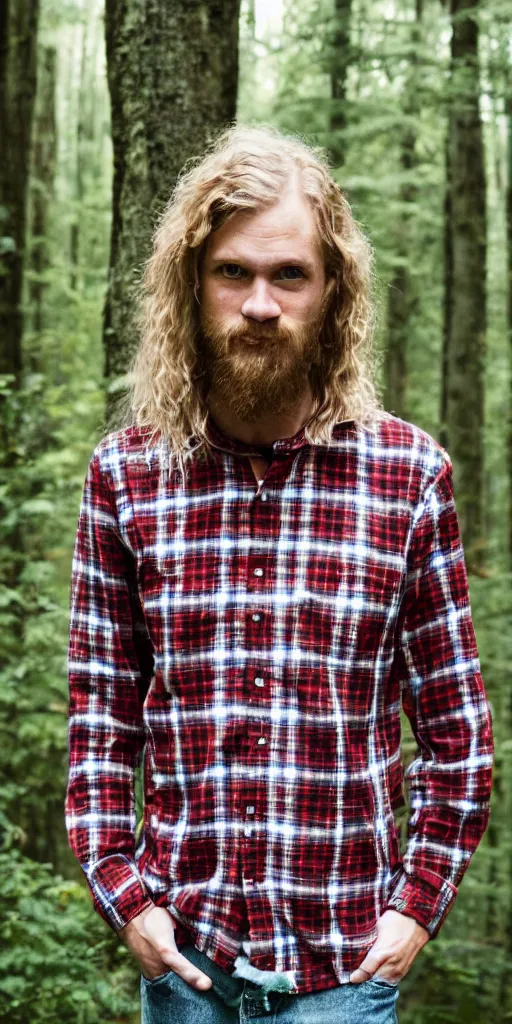 Image similar to tall!!! (((blond))) man wearing a flannel shirt in a forest, long wavy hair, long blond hair, blond, forest, trees, flannel shirt, lumbarjack, photo, low angle photo,