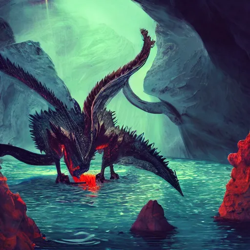 Image similar to a black dragon in the middle of a colorful geothermal hotspring in a cavern, featured on artstation