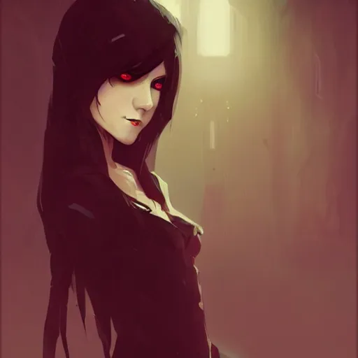 Image similar to female human vampire witch in the style of greg rutkowski, makoto shinkai, trending on artstation, character design, concept art, pretty face, highly detailed, long black hair, portrait, digital art