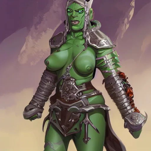 Image similar to full character portrait green orc lady in full plate armour by art style by klimt and nixeu and ian sprigger and wlop and krenz cushart