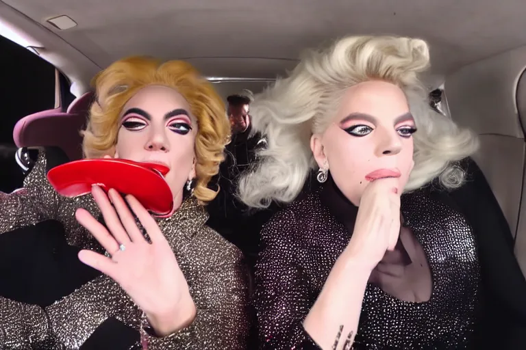 Image similar to carpool karaoke lady gaga and judy garland, highly realistic, highly detailed, high resolution, 8 k 4 k,