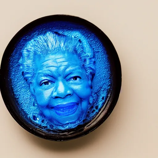 Image similar to maya angelou inside blue gelatin mold, food photography, straight on angle, bokeh, studio lighting