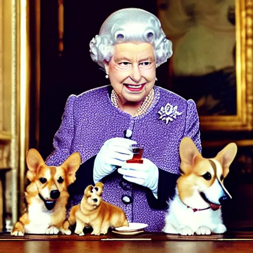 Image similar to paparazzi photo of queen elizabeth sipping on a gin martini with her corgis who are also sipping gin martinis, the corgis are wearing sweaters, royal palace interior, natural sunlight, soft focus, highly detailed