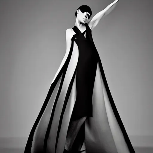 Image similar to a model dressed in an avant garde haute couture dress, angular minimalism, vogue editorial photo, sharp focus dynamic light