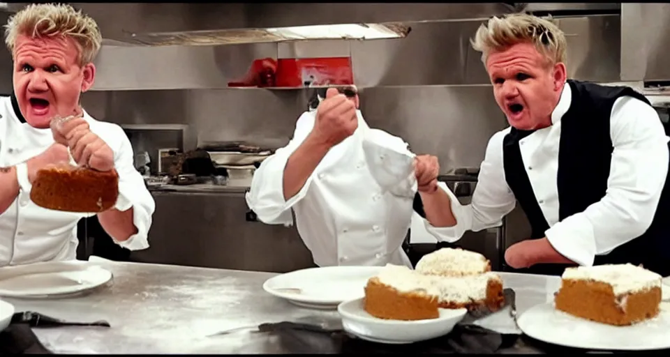 Image similar to photo of angry furious Gordon Ramsay smashing a cake in Gordon Ramsay's face at the kitchen