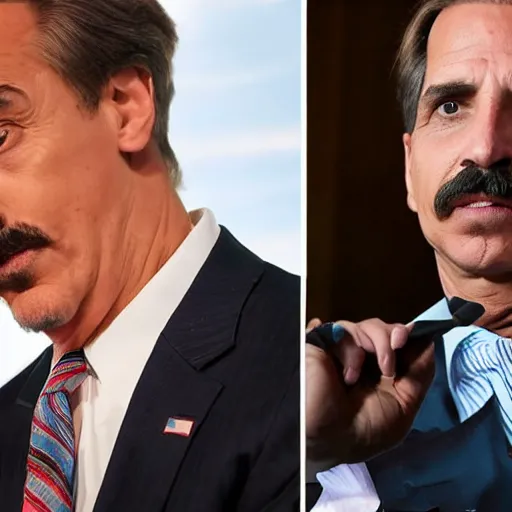 Image similar to mike lindell sitting next to hunter biden on dingy couch in a crackhouse smoking crack