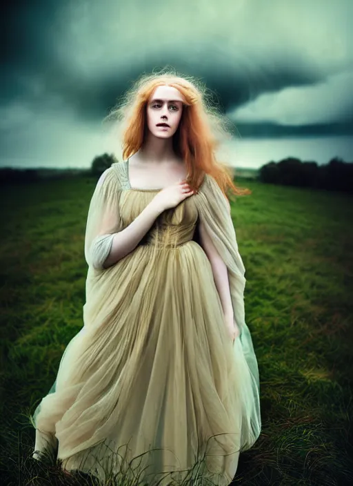 Image similar to kodak portra 1 0 0 photo medium portrait of a pre - raphaelite blond beautiful woman, dress in dark tulle, dreamy mood, fine art photography in style of nicholas fols, 1 5 0 mm, emotionally evoking, head in focus, stormy clouds outdoor, matt mute colour background, volumetric lighting, hyper realistic, ultra detailed