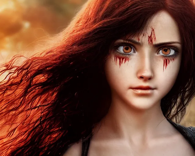 Prompt: award winning 5 5 mm close up face portrait photo of an anesthetic and beautiful redhead alita battle angel who looks directly at the camera with blood - red wavy hair, intricate eyes that look like gems, and long fangs, in a park by luis royo. rule of thirds.
