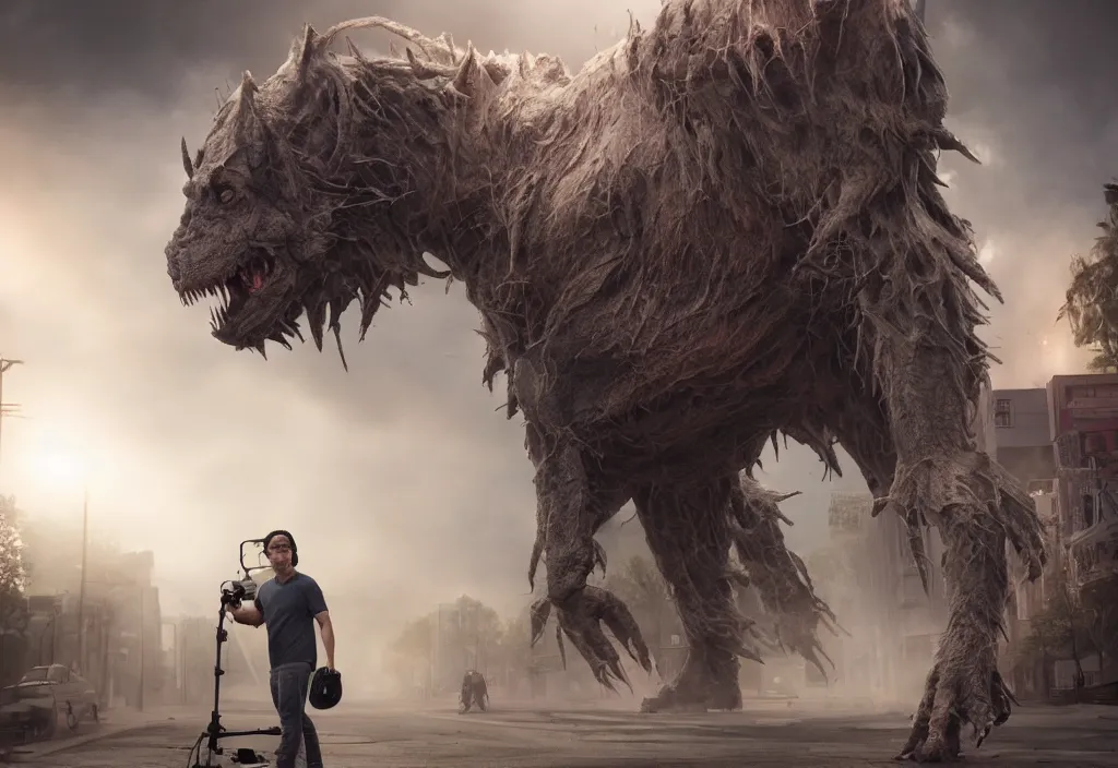 Prompt: vfx color film closeup, huge behemoth monster creature beast by aaron sims, four legs, in residential street, low - key lighting award winning photography jeff newsome, hyper real photorealistic cinematic beautiful, atmospheric