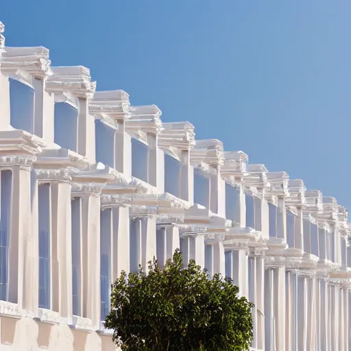 Prompt: Minimalistic background of buildings with traditional Greek style architecture. Low angle view of white houses against a blue clear summer sky. Construction of a modern residential building in the open air.