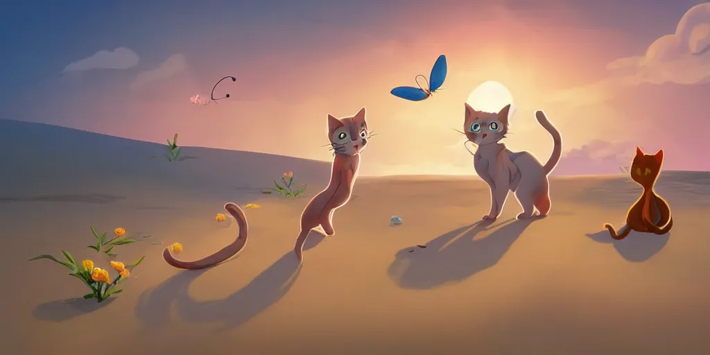 Prompt: cats playfully chasing butterflies on a sandy beach!, calm evening, in the style of pixar and ghibli!!! and disney, cinematic still, cinematic lighting, highly detailed, intricate, sharp focus, trending on artstation
