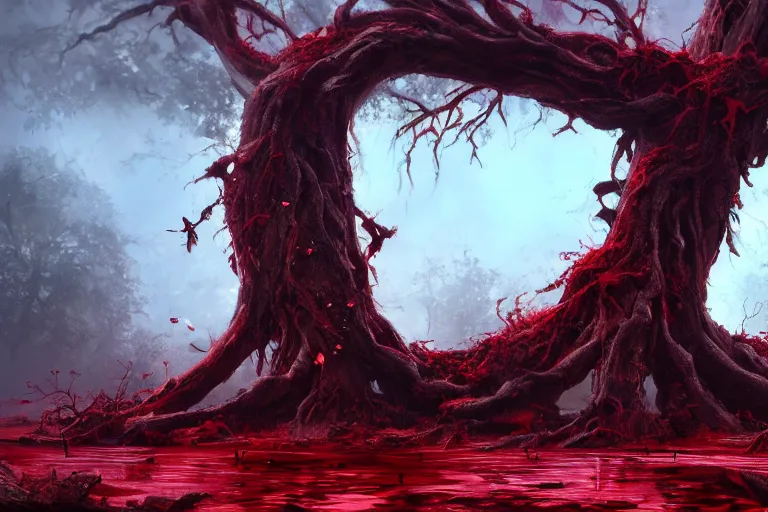 Prompt: a giant rotting tree with crimson water flowing through its roots surrounded by moths, concept art, digital painting, trending on artstation, deviantart, highly detailed, perfect composition, dramatic lighting, sharp focus, 8 k uhd