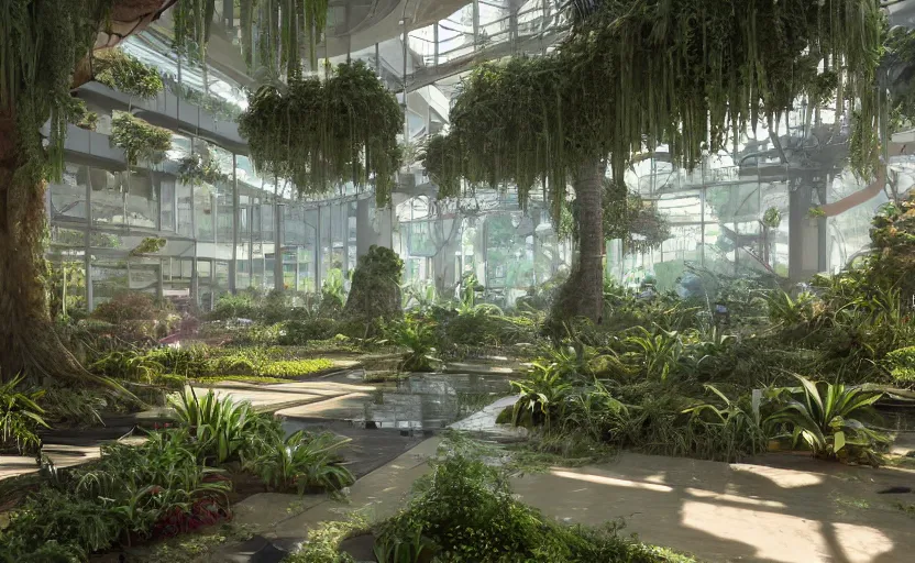 Image similar to Interior of an mall, overgrown with plants, rendered by Beeple, by Makoto Shinkai, syd meade, synthwave style, environment concept, digital art, unreal engine, WLOP, trending on artstation, 4K UHD image, octane render,