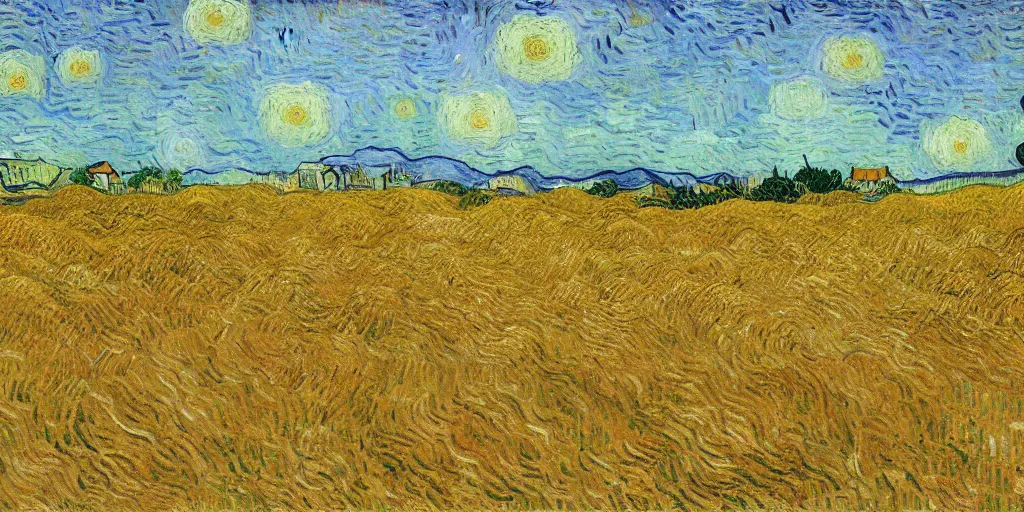 Prompt: golden wheat field, harvest, unreal, by vincent van gogh