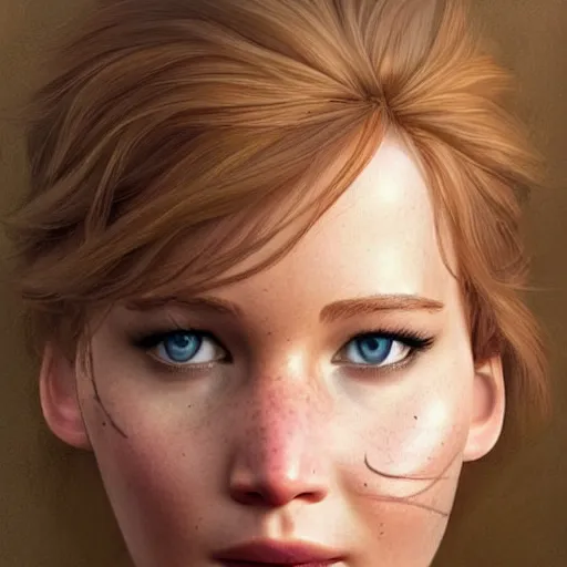 Image similar to a portrait of jennifer lawrence as a pixar character, beautiful, elegant, extremely detailed digital art, trending on artstation hyper realistic matte painting, by wlop, artgerm