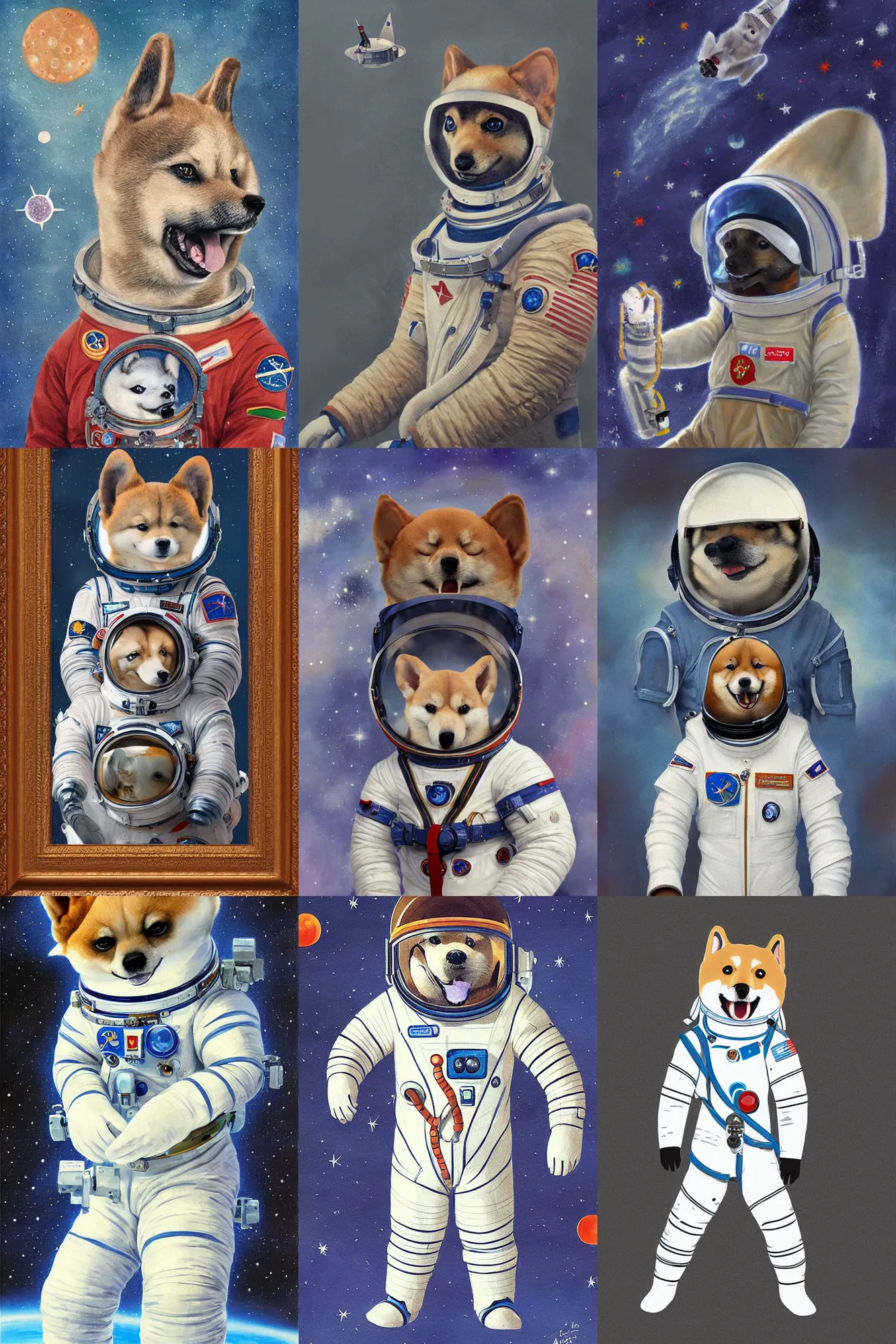 Prompt: cosmonaut shibu inu, by Andrey Sokolov