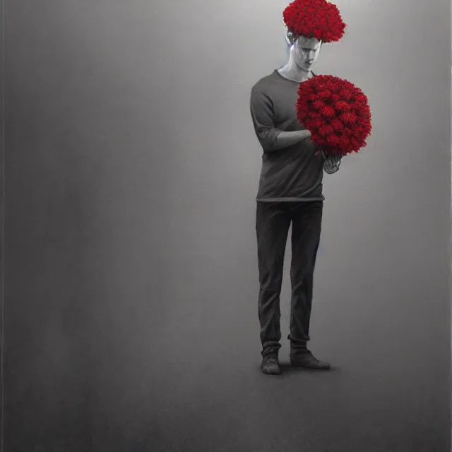 Image similar to mark zuckerberg holding a flower by Zdzisław Beksiński, trending on artstation, realistic, detailed, concept art, horror, illustration, oil painting