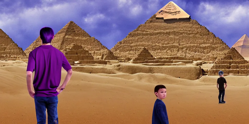 Image similar to landscape, steve jobs and a boy with purple hair in front of the pyramids, hyperrealism, intricate, 8 k, high detail