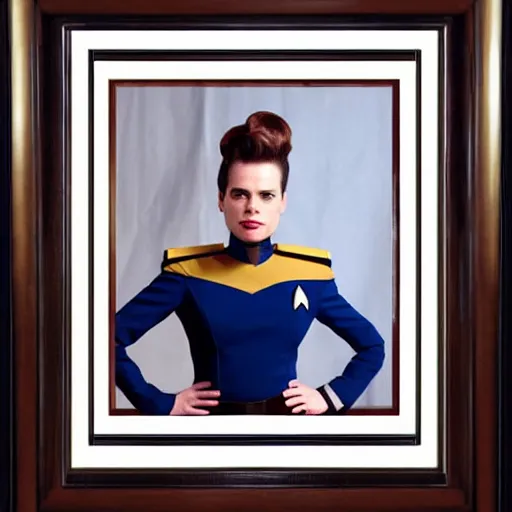 Image similar to a beautiful full body photograph of younger hayley atwell as a star fleet officer from star trek next generation, full dress uniform, symmetrical face, extreme realism and detail, 8 k, completely framed, direct lighting, 3 5 mm photo, photorealistic, sharp focus