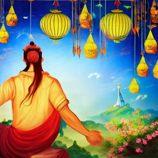 Image similar to painting of a god of wind enjoying his heavenly palace, decorated with windchimes and paper lanterns, stunning nature in background, cinematic