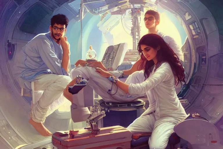 Image similar to Sensual good looking pale young Indian doctors wearing jeans partying in a space station above Earth performing surgery, portrait, elegant, intricate, digital painting, artstation, concept art, smooth, sharp focus, illustration, art by artgerm and greg rutkowski and alphonse mucha