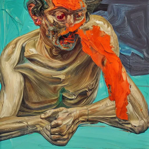 Image similar to high quality high detail expressionist painting of a man in agony by lucian freud and jenny saville and francis bacon, hd, anxiety, turquoise and orange