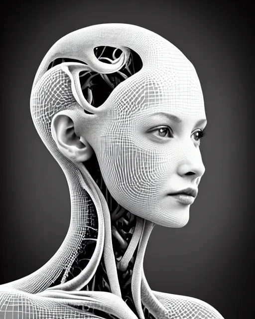 Image similar to a black and white 3D render of a beautiful portrait of a young female angelic-dragon-cyborg face with a very long neck, 150 mm, orchids, Mandelbrot fractal, anatomical, flesh, facial muscles, veins, arteries, full frame, microscopic, elegant, highly detailed, flesh ornate, elegant, high fashion, rim light, ray trace, octane render in the style of H.R. Giger and Man Ray, Realistic, Refined, Digital Art, Highly Detailed, Cinematic Lighting, rim light, black and white, photo-realistic Unreal Engine, 8K
