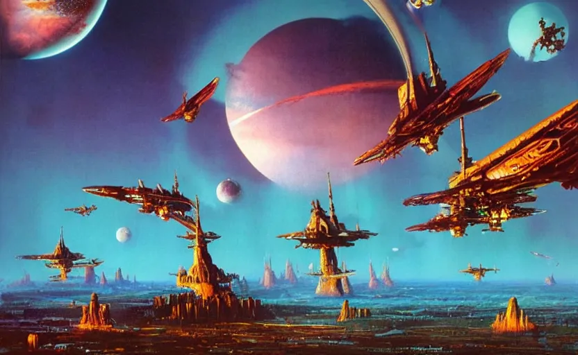 Prompt: photorealistic alien empire with vivid sky by bruce pennington