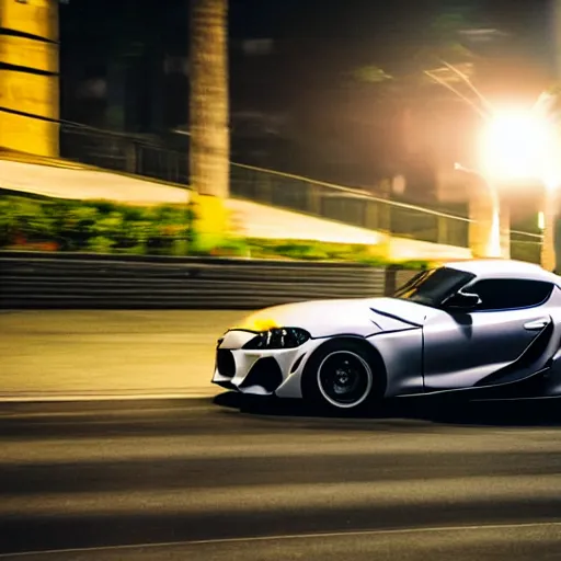 Image similar to still of a toyota supra on the road in Rio De Janeiro, action shot, 85mm, night city, CGSociety , in the spotlight