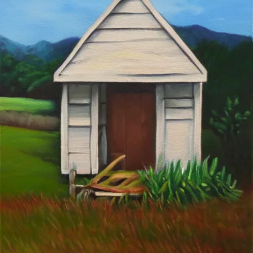 Prompt: oil painting of cabin with a door made out of potatoes