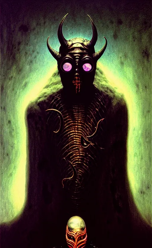 Image similar to a striking full body portrait of a pitch black masked eldritch shaman with jagged black horns by moebius and beksinski and artgerm, detailed artwork, realism, 4 k resolution, detailed, high quality, sharp focus, hq artwork, insane detail, volumetric lighting, character concept art, fine details, tarot card, clear subject