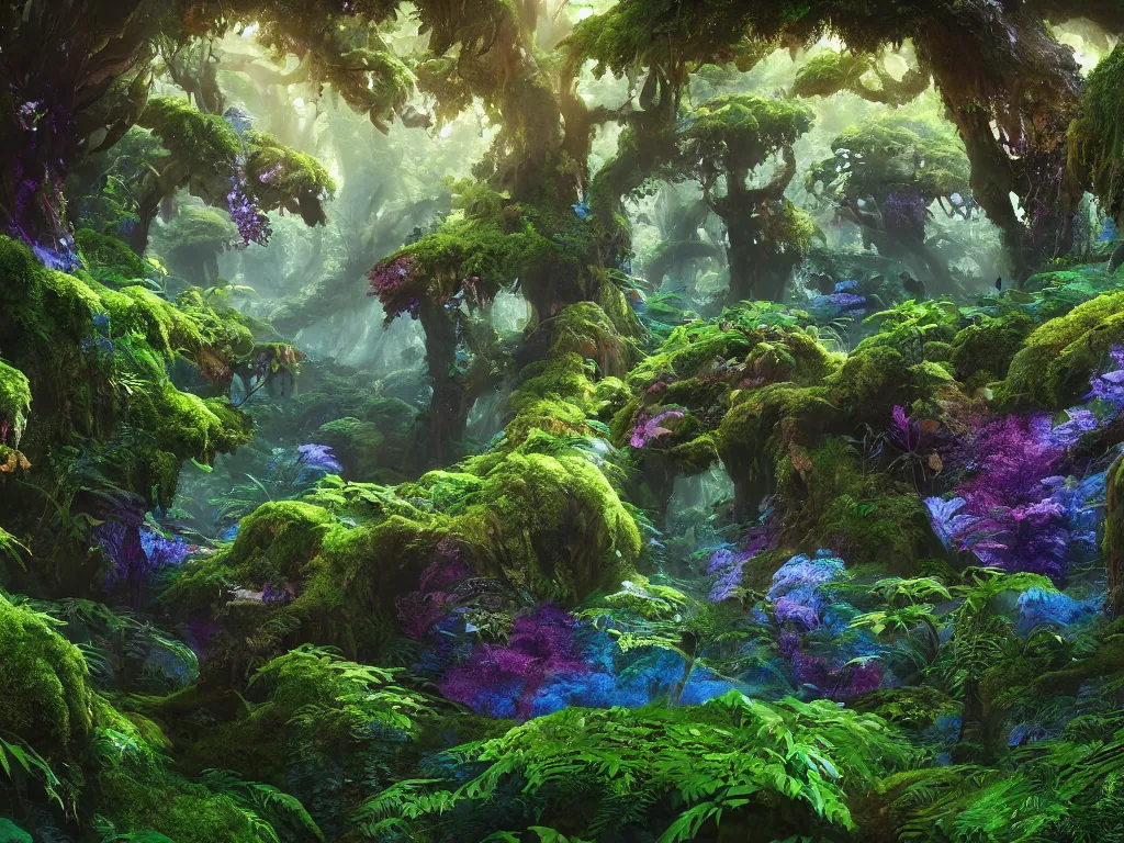 Prompt: a beautiful otherworldly fantasy landscape of lush ferns and evergreen trees in hyper detail, like alice in wonderland, extreme detail, studio ghibli and pixar and abzu, rendering, cryengine, deep colors, purple and blue and green colors, vray render, cgsociety, bioluminescent