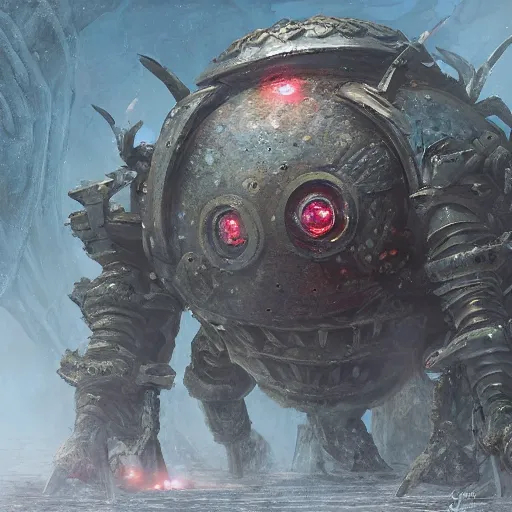 Prompt: giant armored ashigaru beetle war construct golem, glowing gnostic brian froud markings, magic and steam - punk inspired, in an ancient stone circle on a plateau in a blizzard, concept painting by jessica rossier, hr giger, john berkey